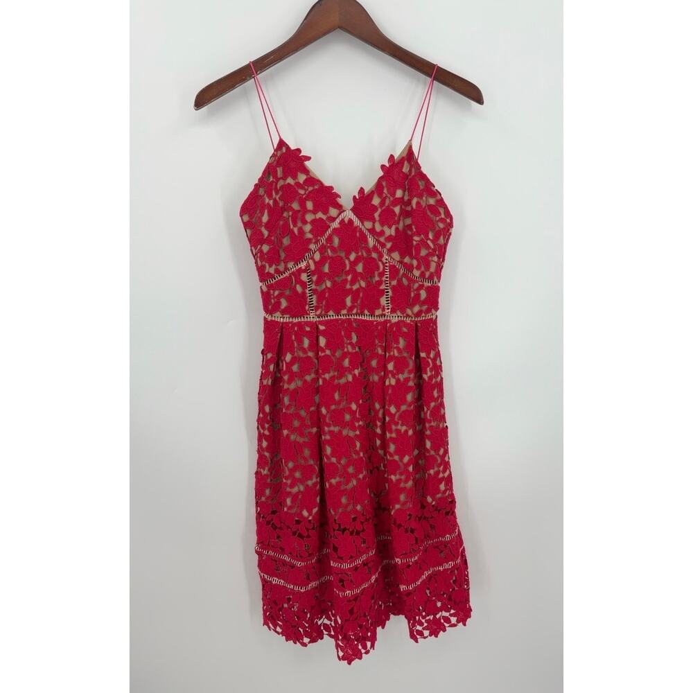 Self-Portrait Azeala Fuchsia Red-Toned Floral Lace Midi Dress Size 4 Wedding - Picture 4 of 9